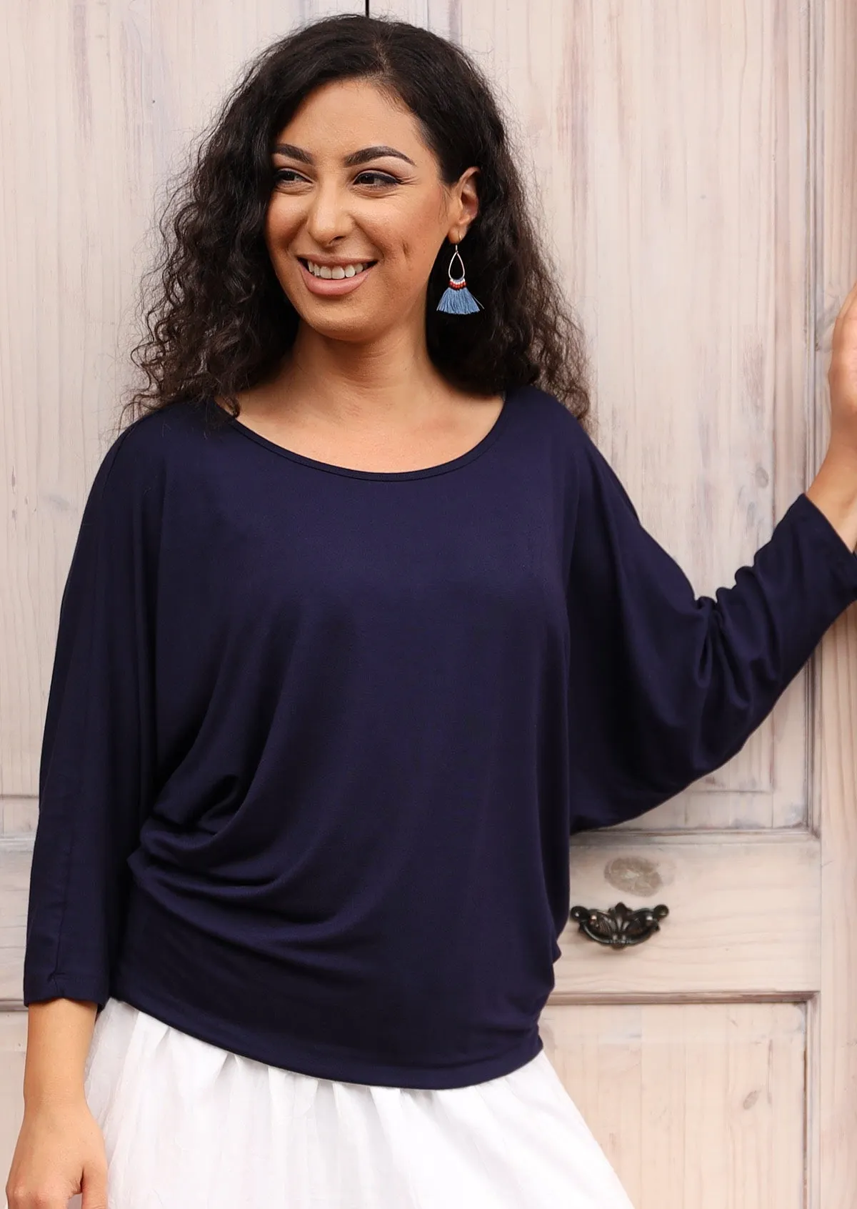 3/4 Sleeve Batwing Top Navy Blue