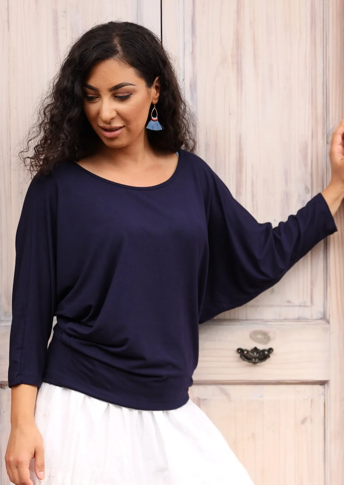 3/4 Sleeve Batwing Top Navy Blue