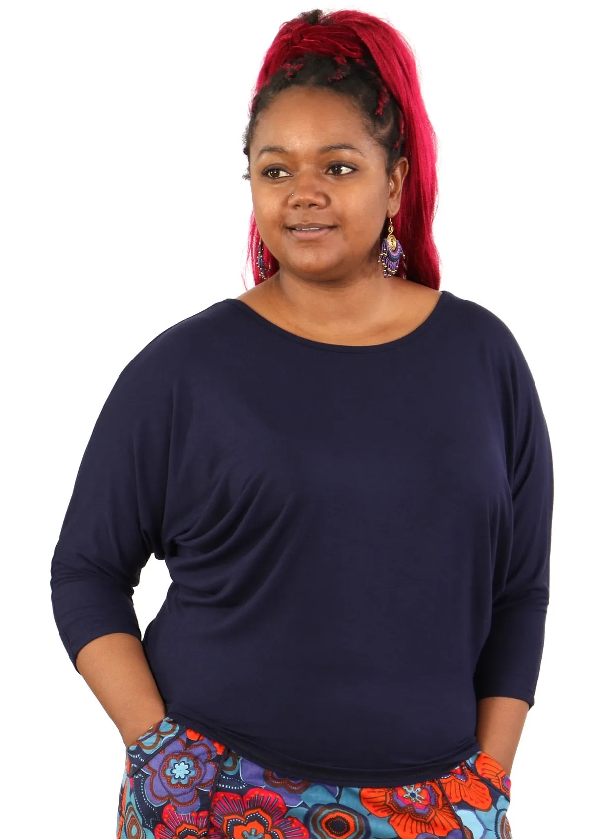 3/4 Sleeve Batwing Top Navy Blue