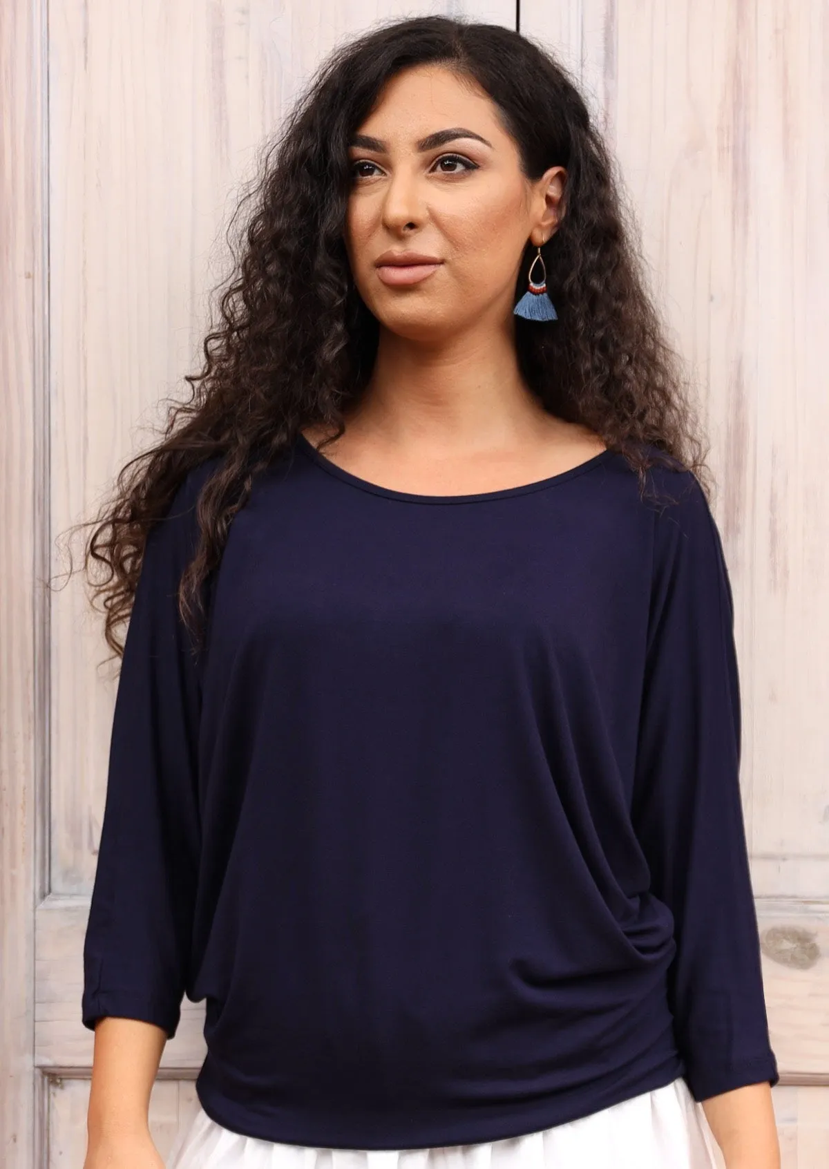 3/4 Sleeve Batwing Top Navy Blue