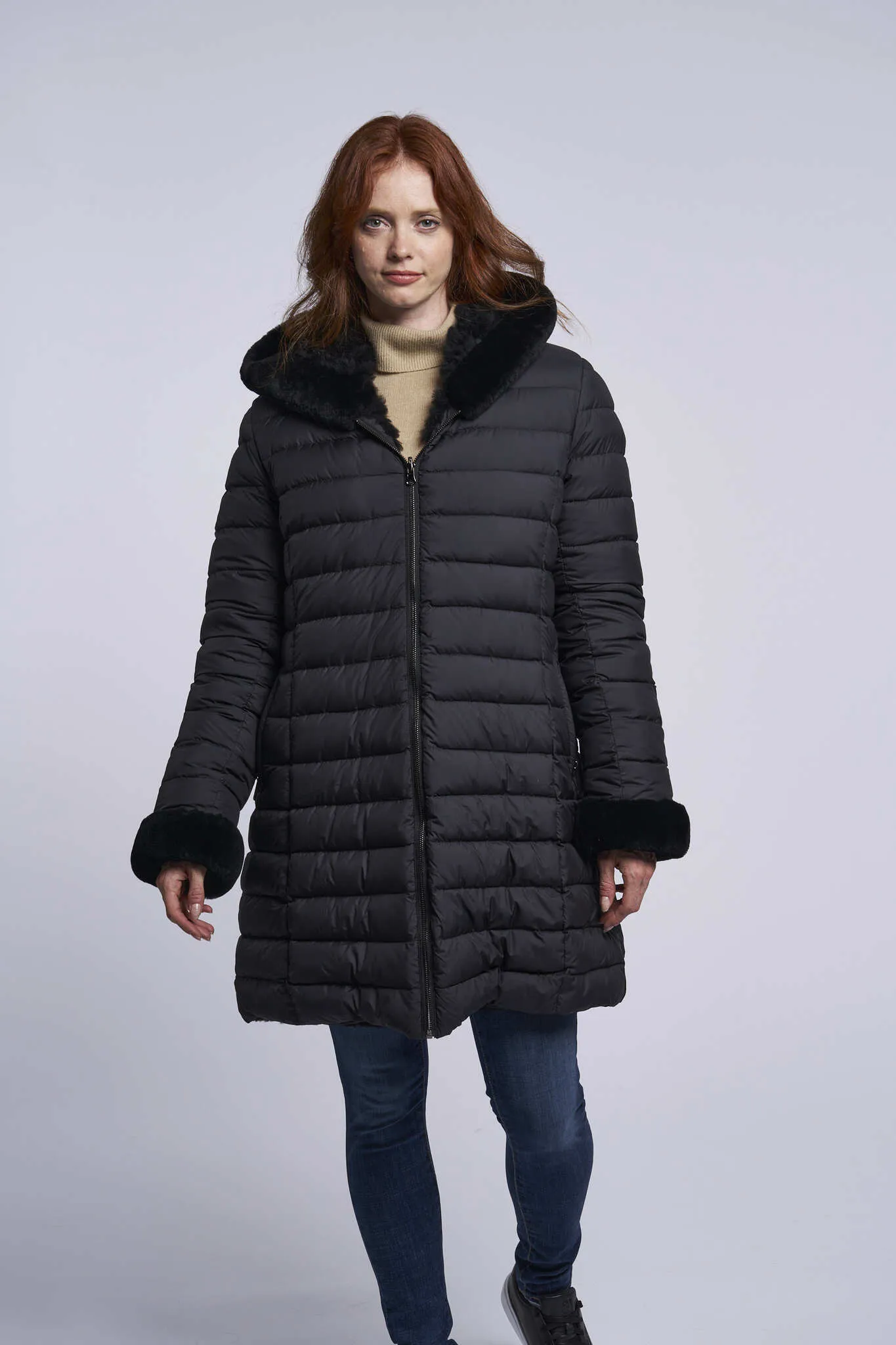 Reversible Hooded Down Coat with Genuine Shearling – Model 4255HD