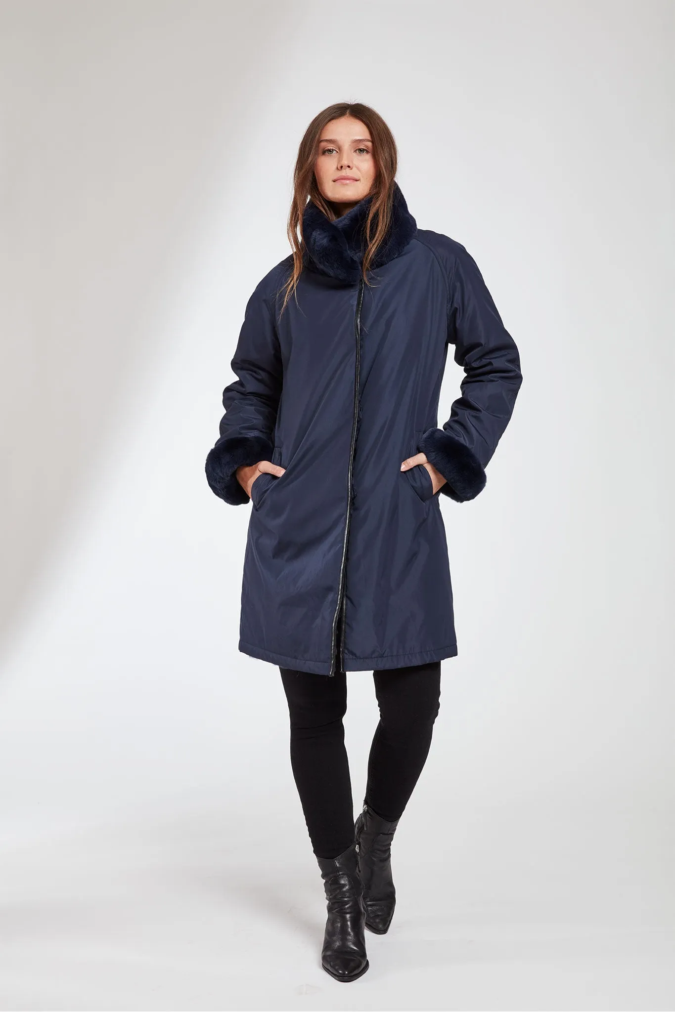 #8190 Water-Resistant Storm Coat Reverses to Layered  Shearling