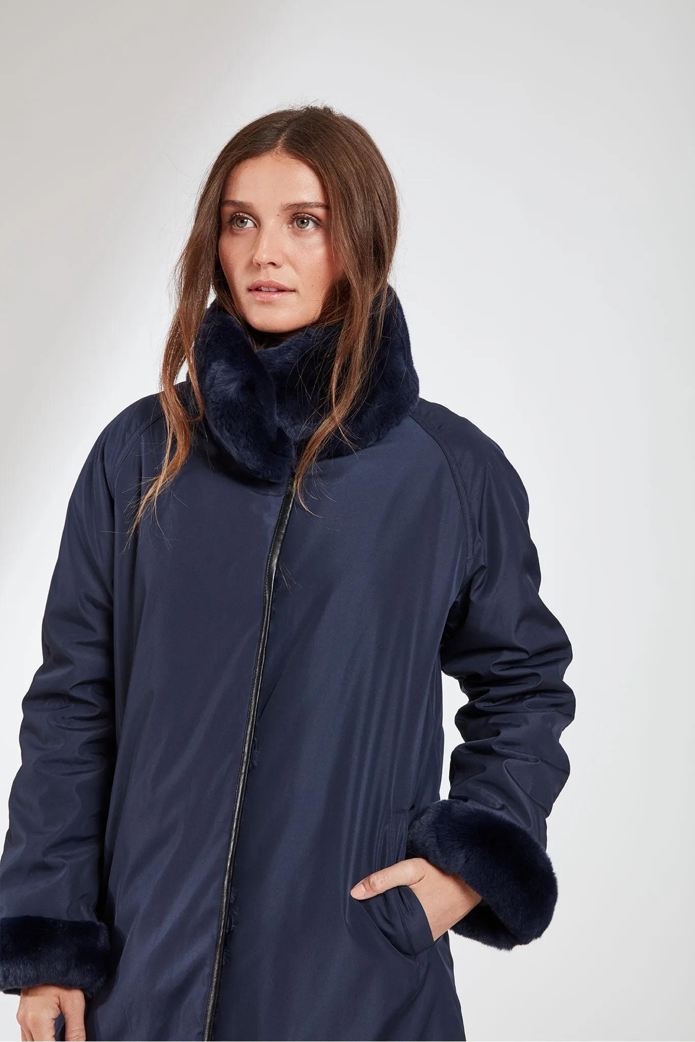 #8190 Water-Resistant Storm Coat Reverses to Layered  Shearling