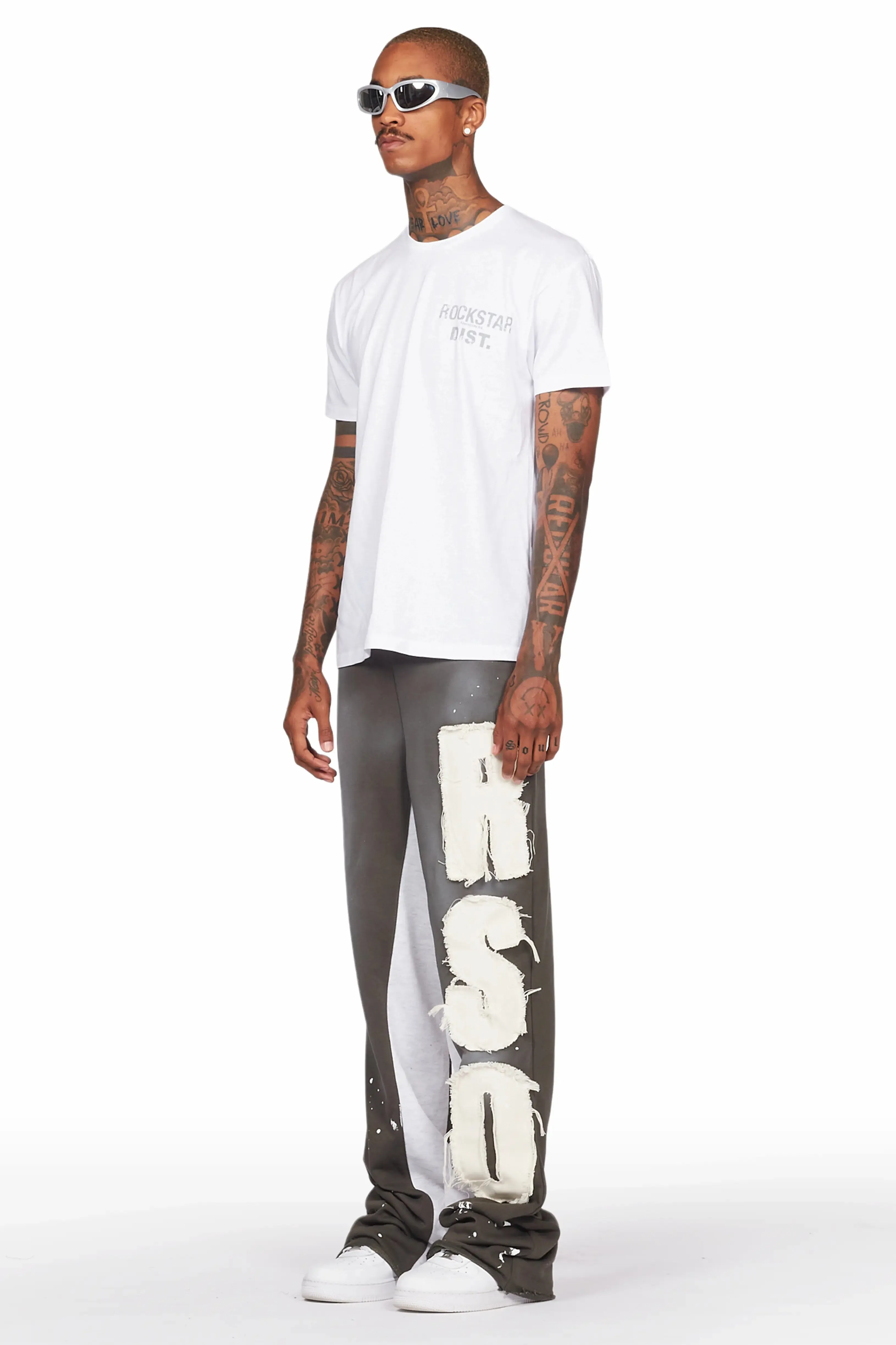 Acotas Olive Patchwork Stacked Baggy Flare Pants