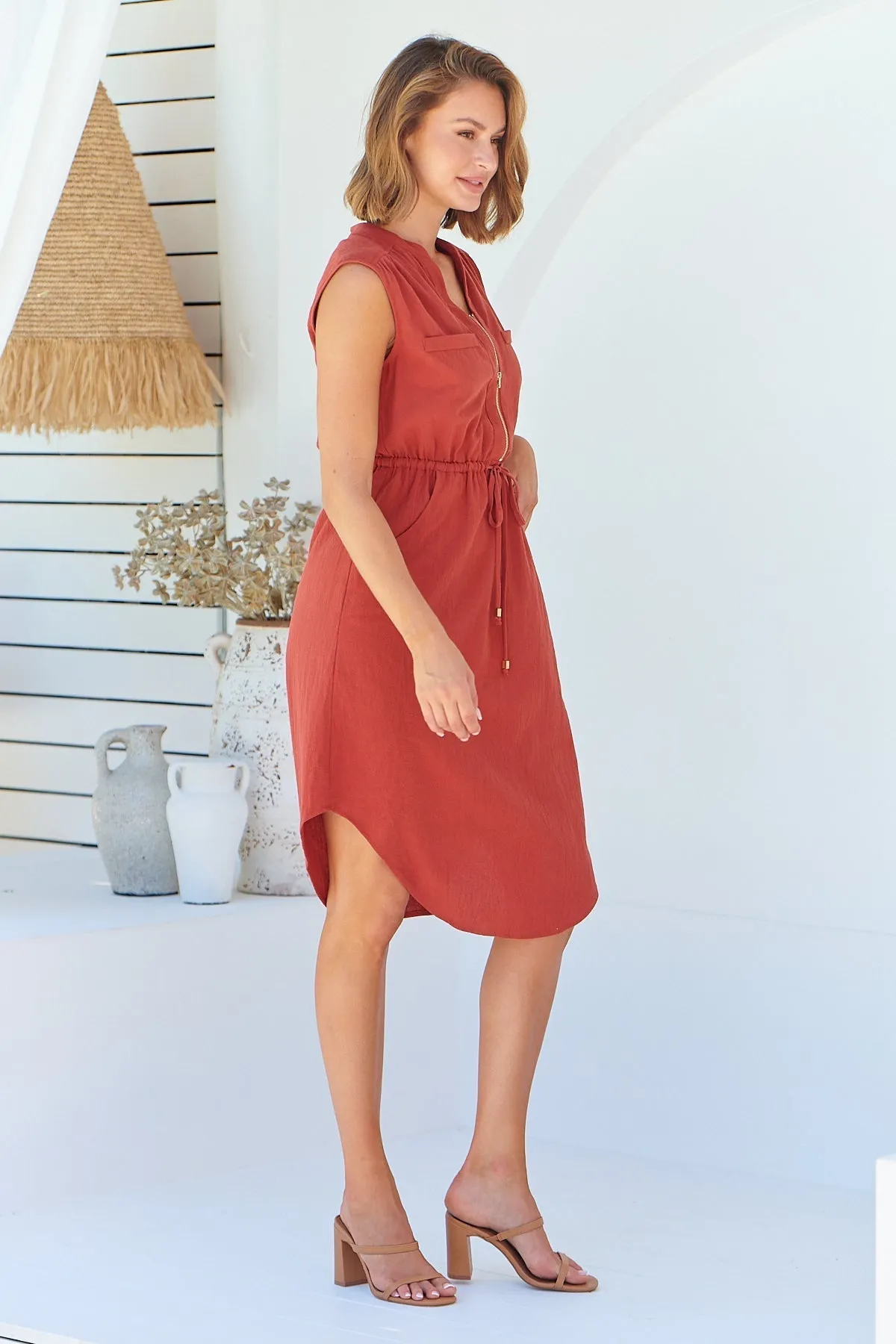 Alma Midi Rust Linen Look Zip Front Dress