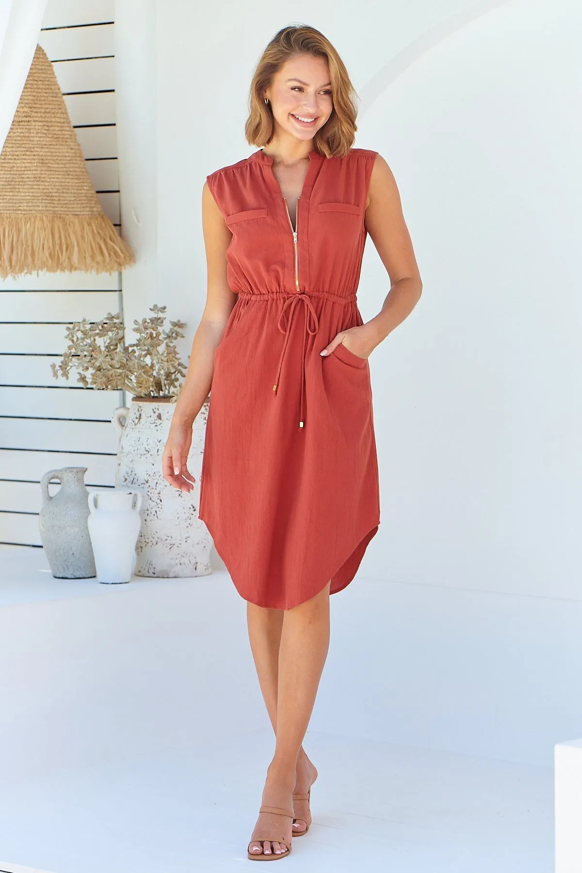 Alma Midi Rust Linen Look Zip Front Dress