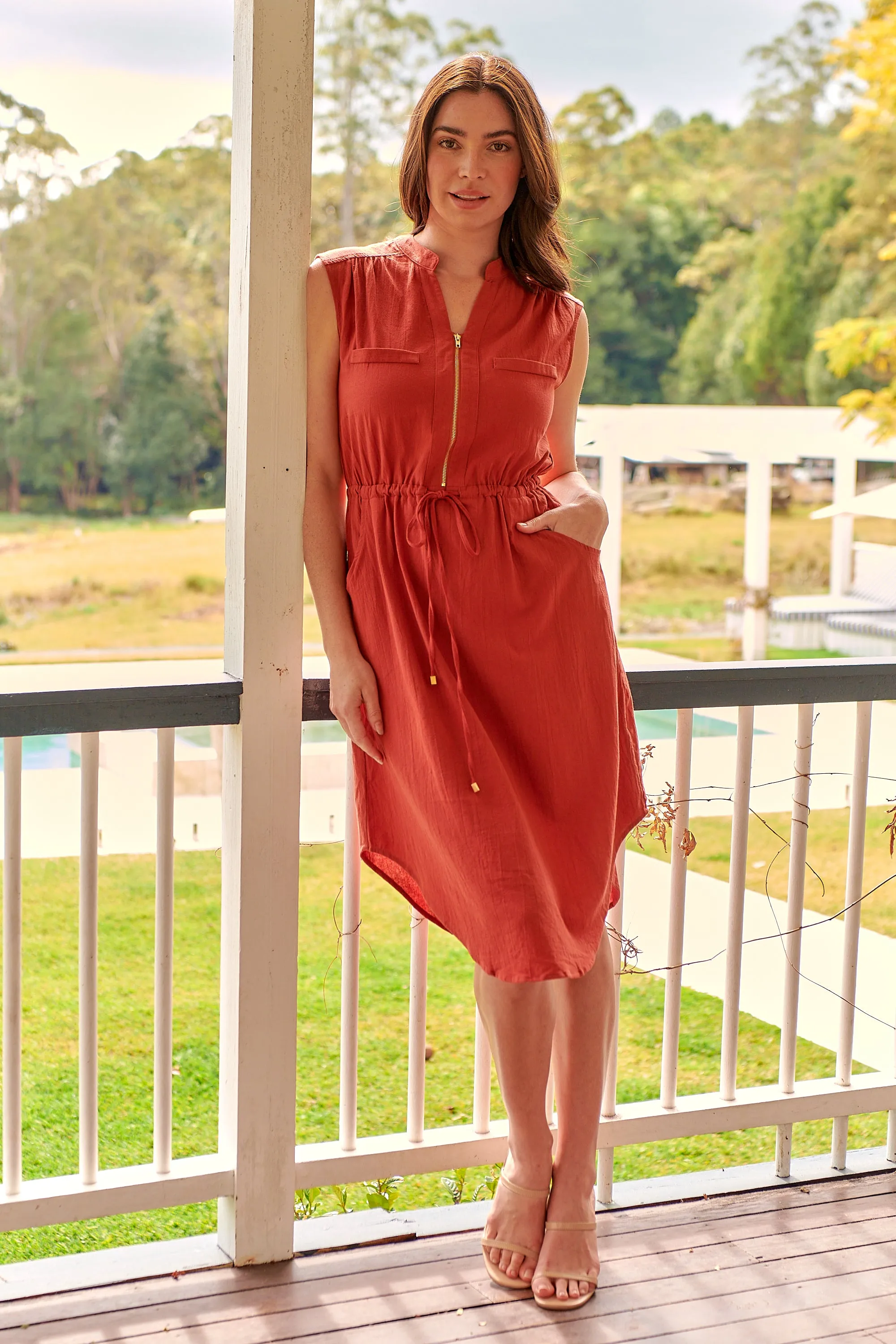 Alma Midi Rust Linen Look Zip Front Dress