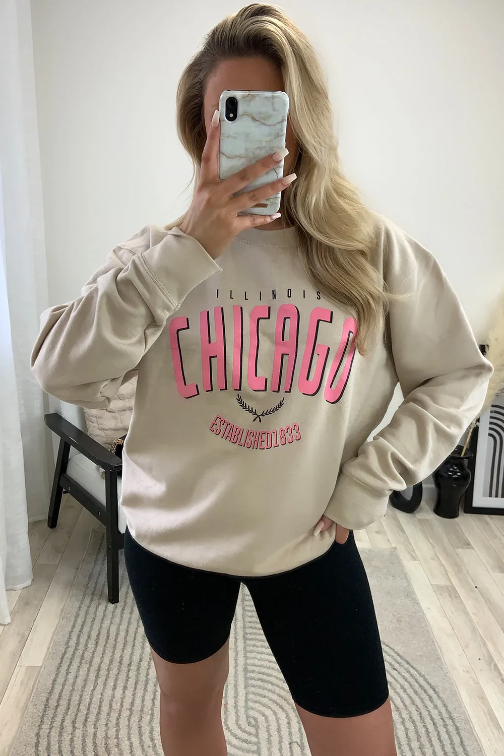 Arabella Beige Chicago Slogan Oversized Sweatshirt