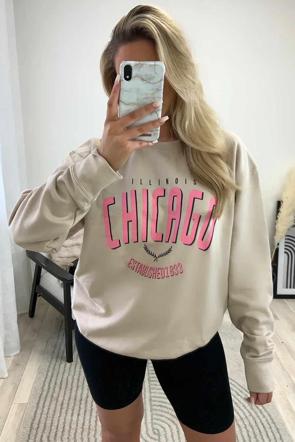 Arabella Beige Chicago Slogan Oversized Sweatshirt
