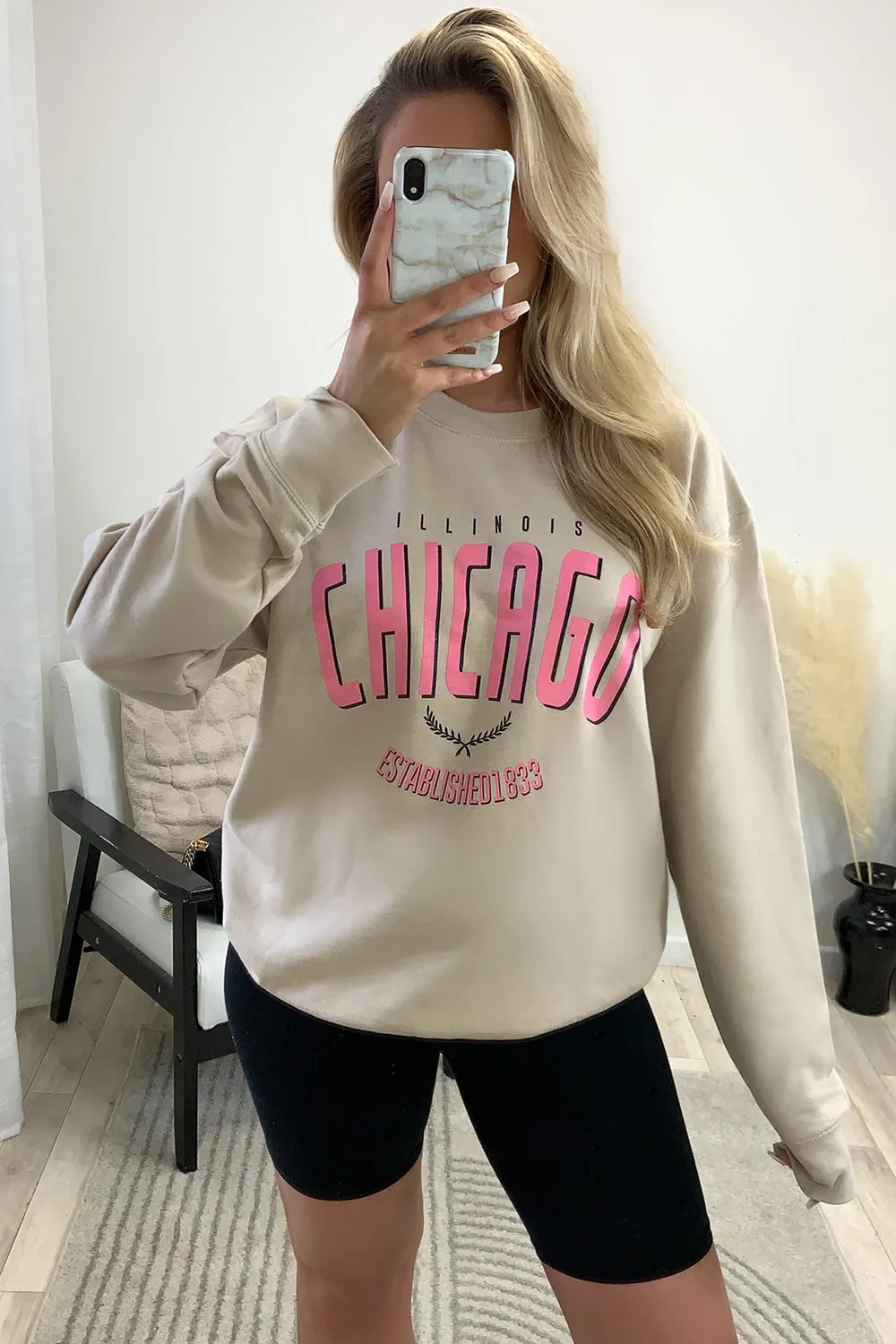Arabella Beige Chicago Slogan Oversized Sweatshirt
