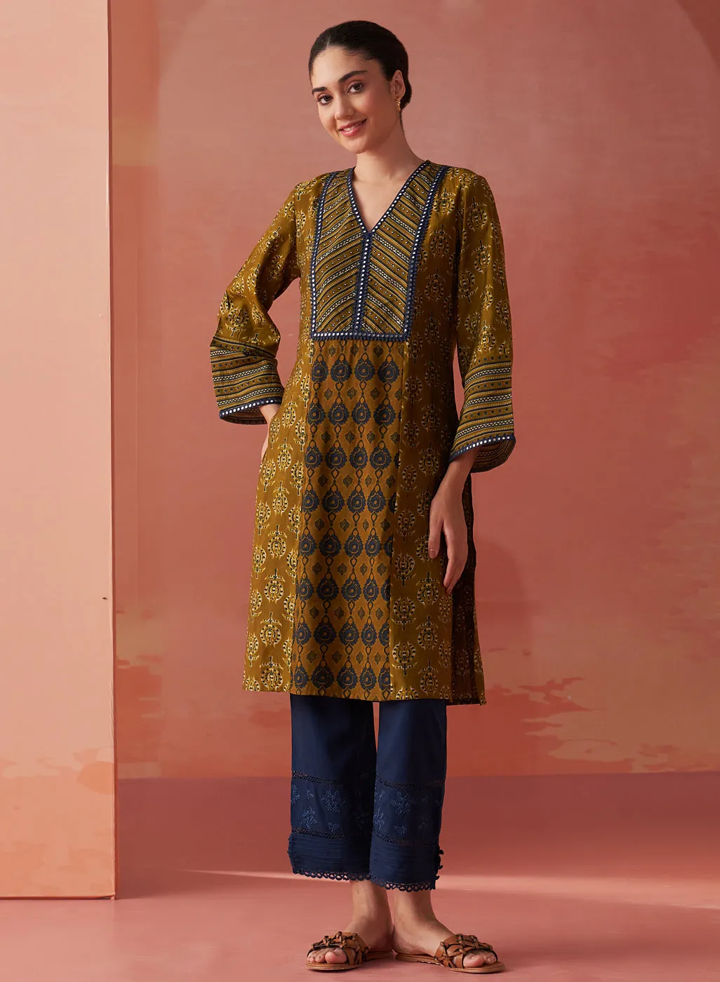Arayna Light Olive Printed Chanderi Kurta for Women