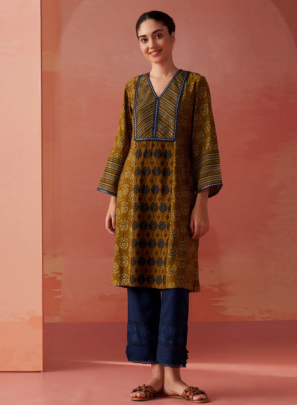 Arayna Light Olive Printed Chanderi Kurta for Women