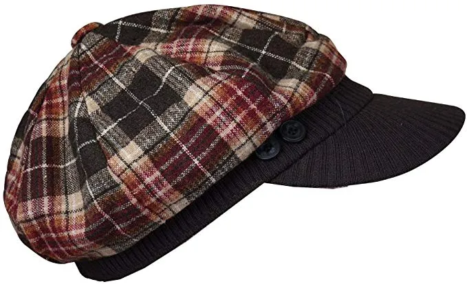 Brown Plaid Winter Cap with Ribbed Visor