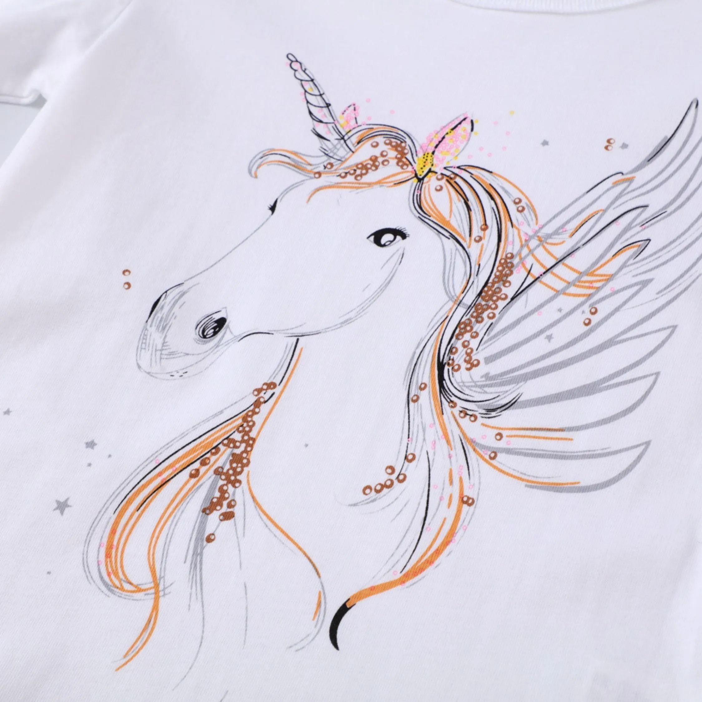 Full Sleeve Unicorn Print Girls T-Shirt, White