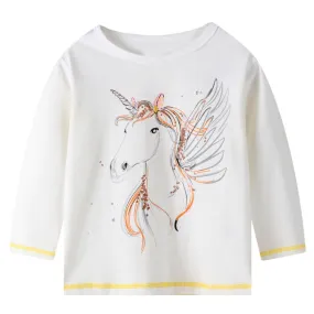 Full Sleeve Unicorn Print Girls T-Shirt, White