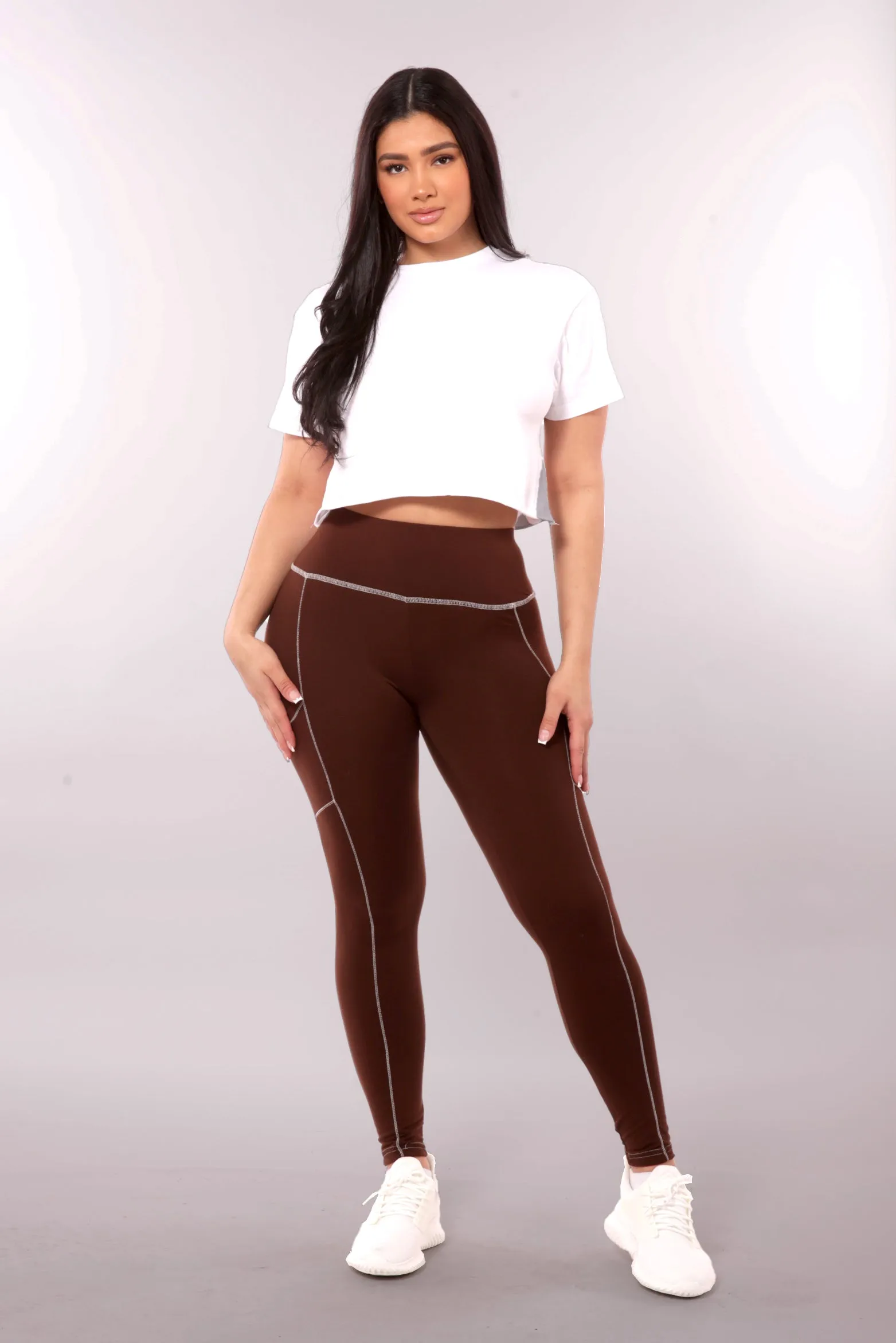 High Waist Contrast Seam Fleece Lined Leggings With Side Pockets - Chocolate Brown