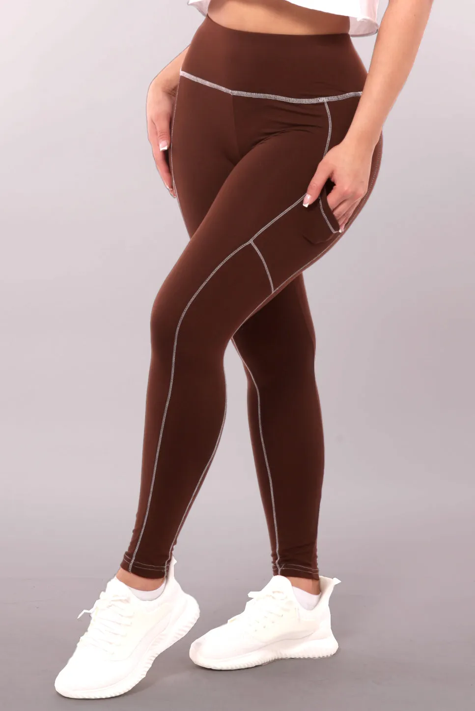 High Waist Contrast Seam Fleece Lined Leggings With Side Pockets - Chocolate Brown