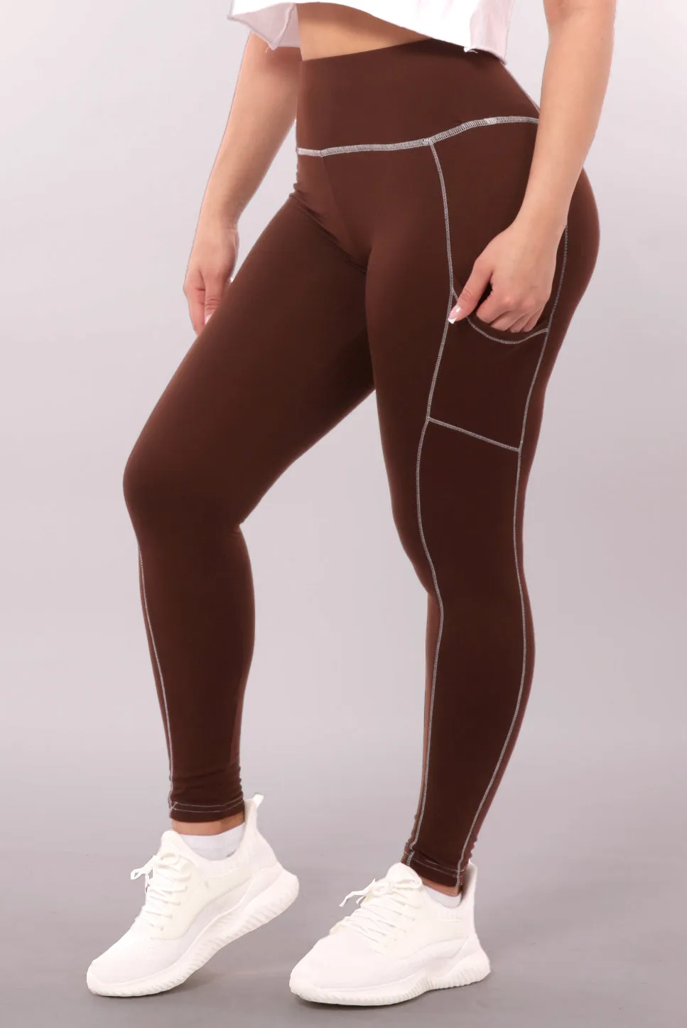 High Waist Contrast Seam Fleece Lined Leggings With Side Pockets - Chocolate Brown