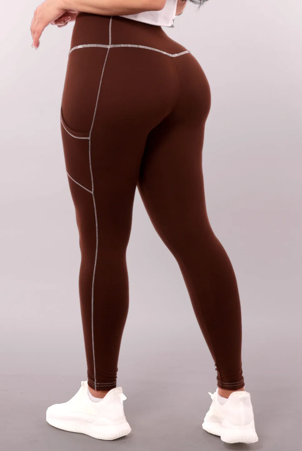 High Waist Contrast Seam Fleece Lined Leggings With Side Pockets - Chocolate Brown