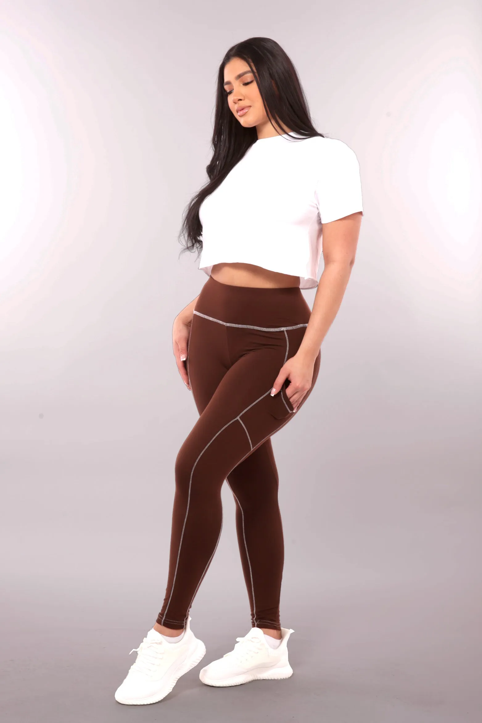 High Waist Contrast Seam Fleece Lined Leggings With Side Pockets - Chocolate Brown