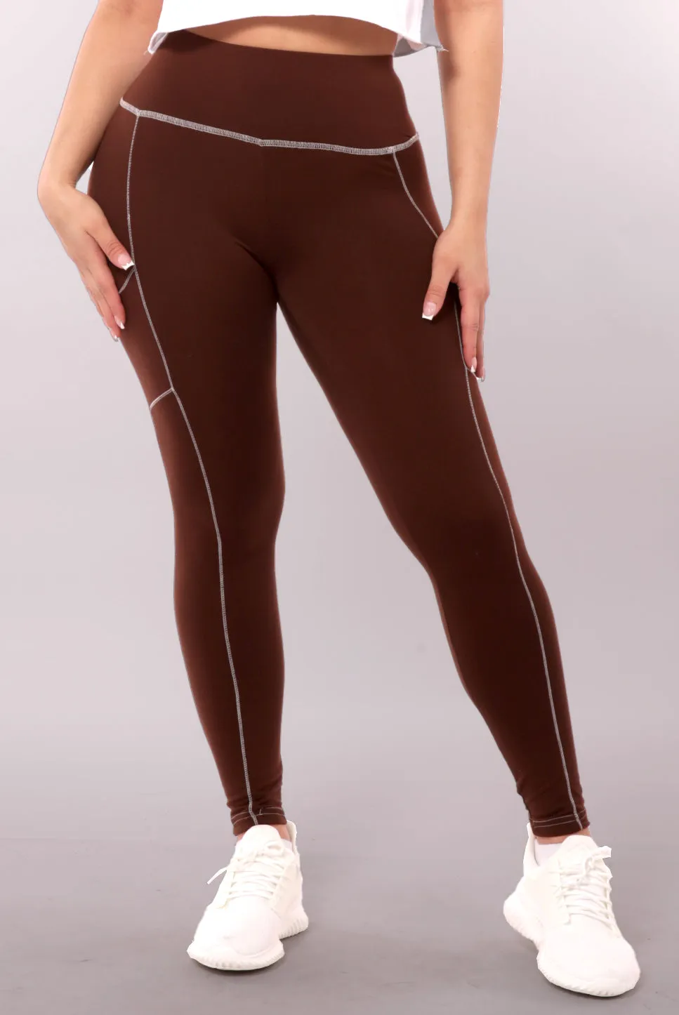 High Waist Contrast Seam Fleece Lined Leggings With Side Pockets - Chocolate Brown
