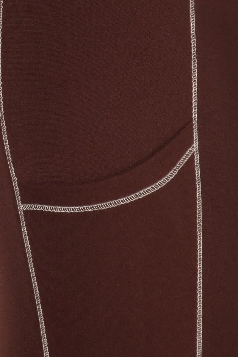 High Waist Contrast Seam Fleece Lined Leggings With Side Pockets - Chocolate Brown