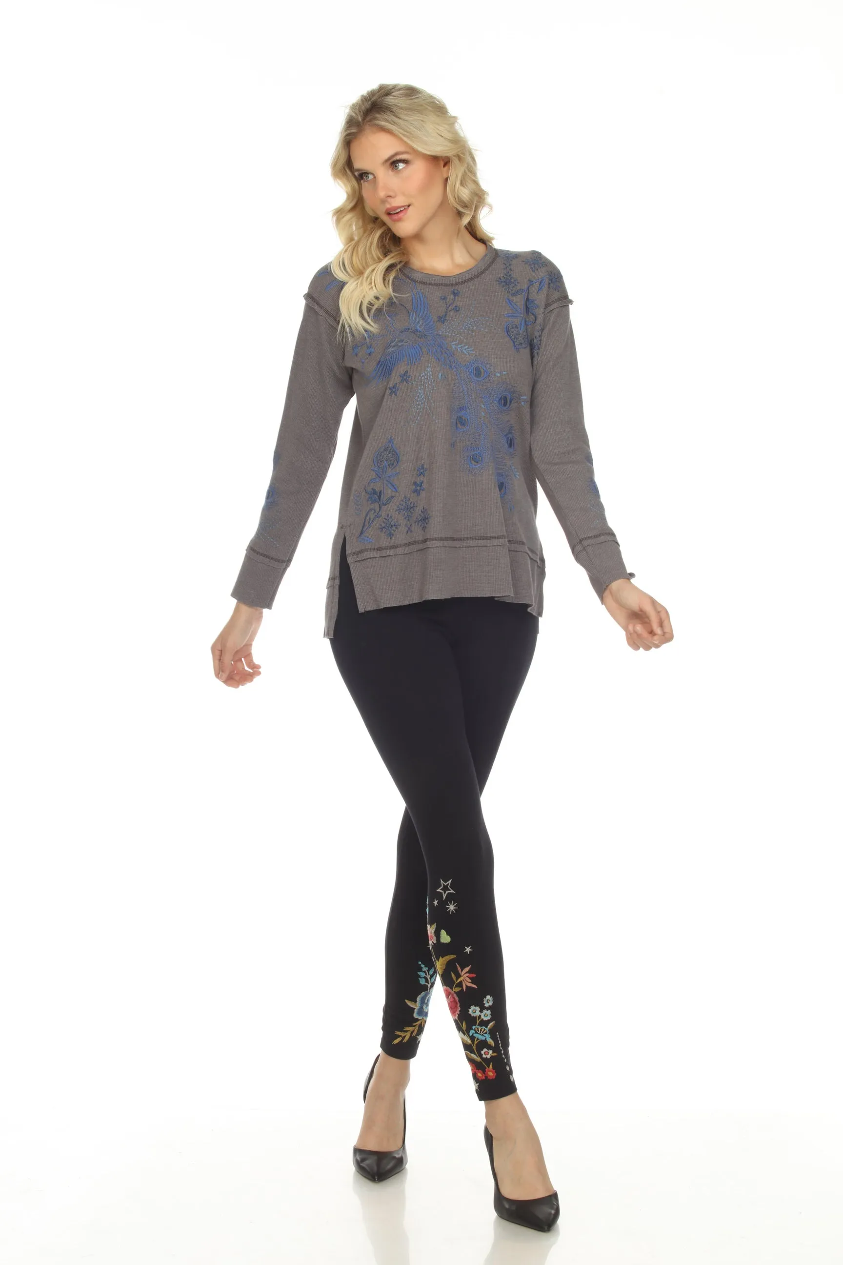 Johnny Was JWLA Azure Raw Seam Oversized Thermal Sweatshirt Boho Chic J13922