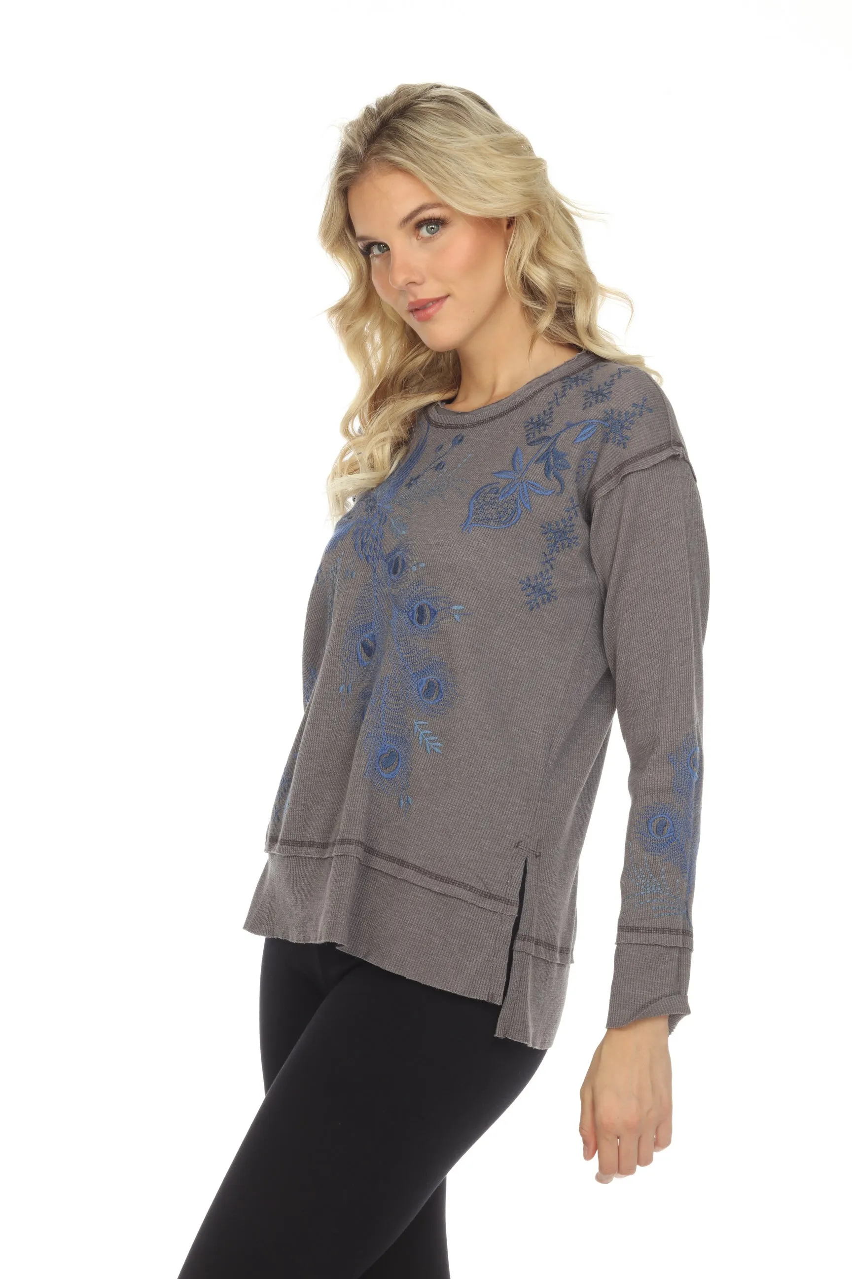 Johnny Was JWLA Azure Raw Seam Oversized Thermal Sweatshirt Boho Chic J13922