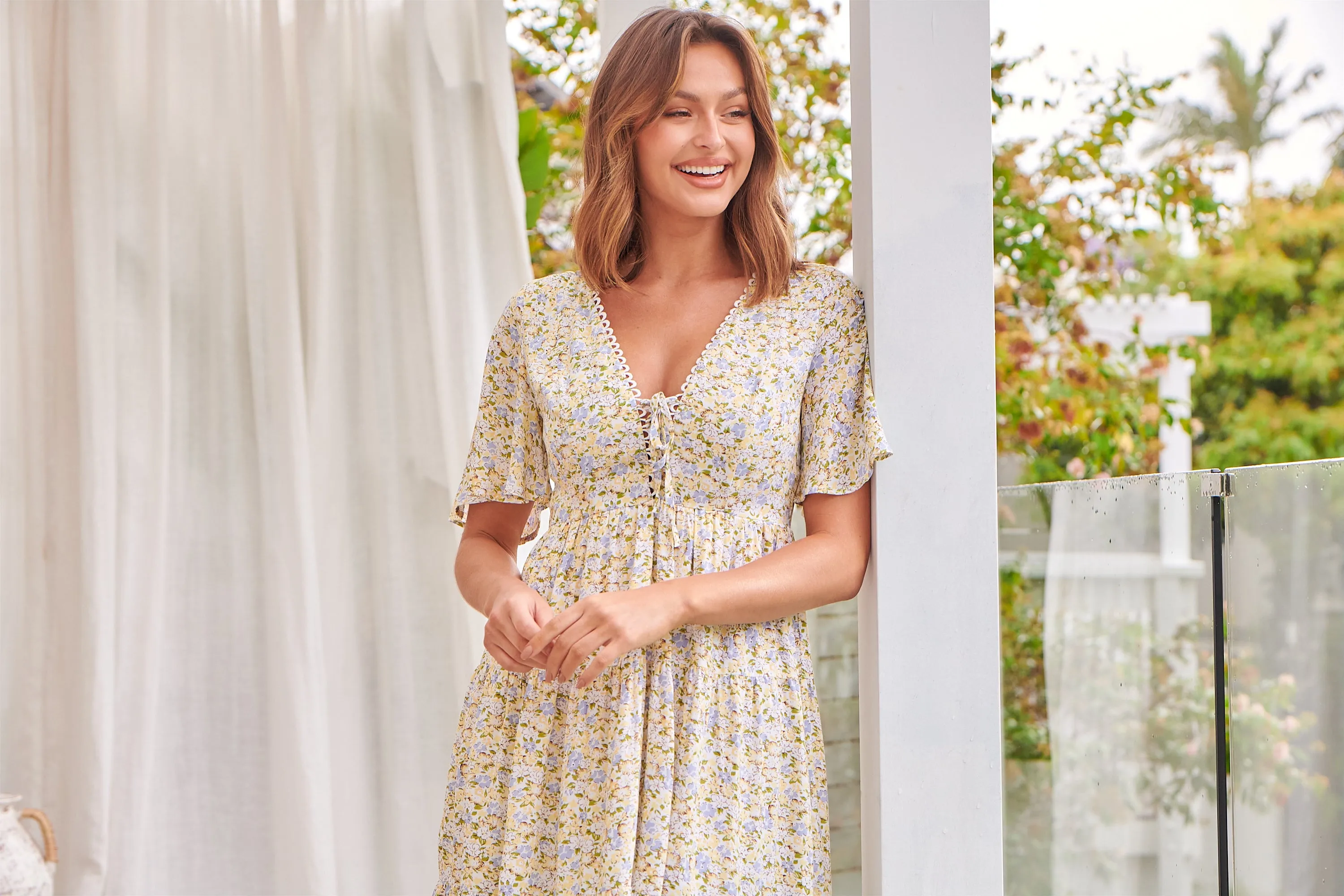 Sunny Floral Print Yellow Tie-Front Dress - Juliana Collection