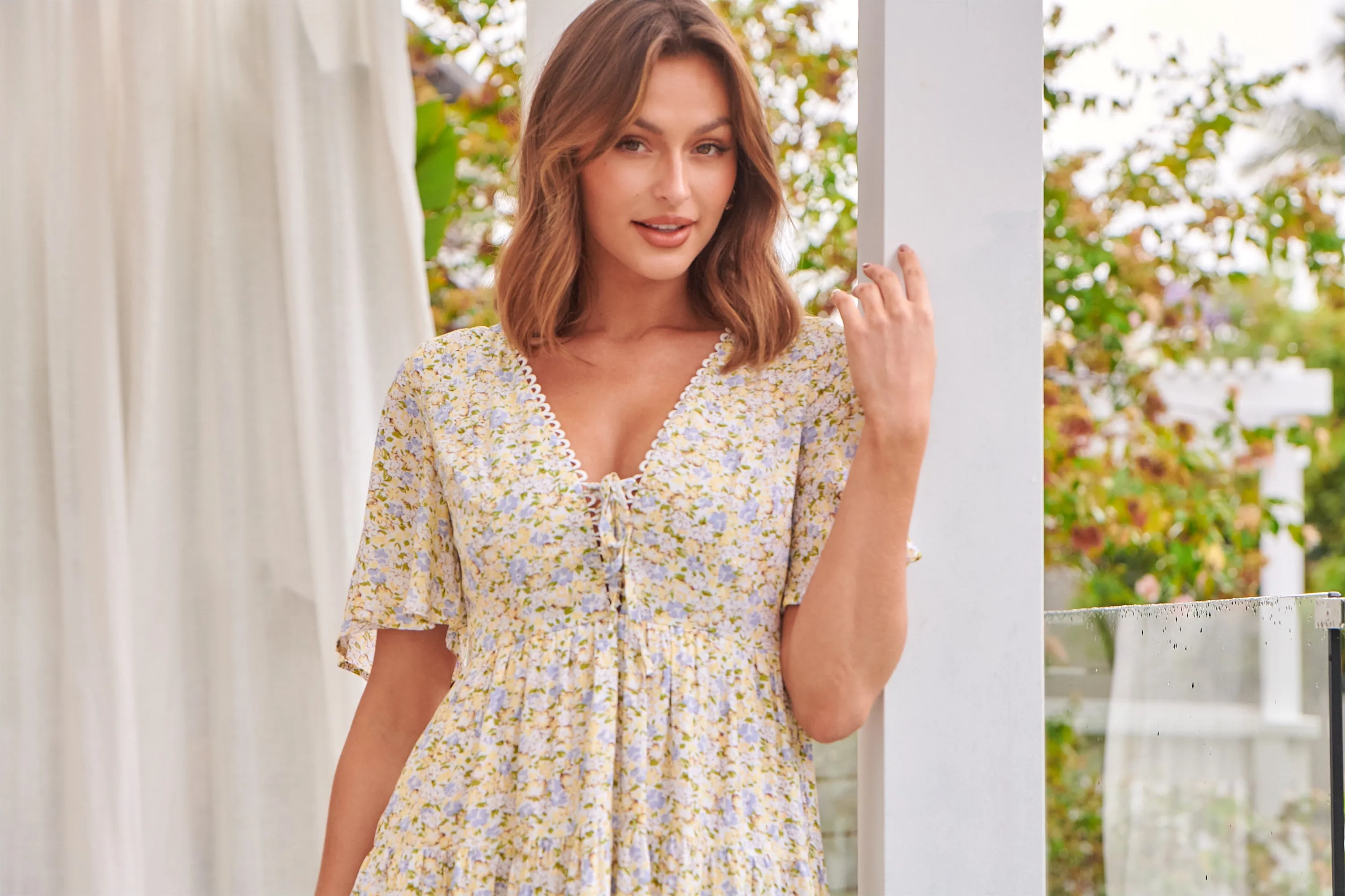 Sunny Floral Print Yellow Tie-Front Dress - Juliana Collection