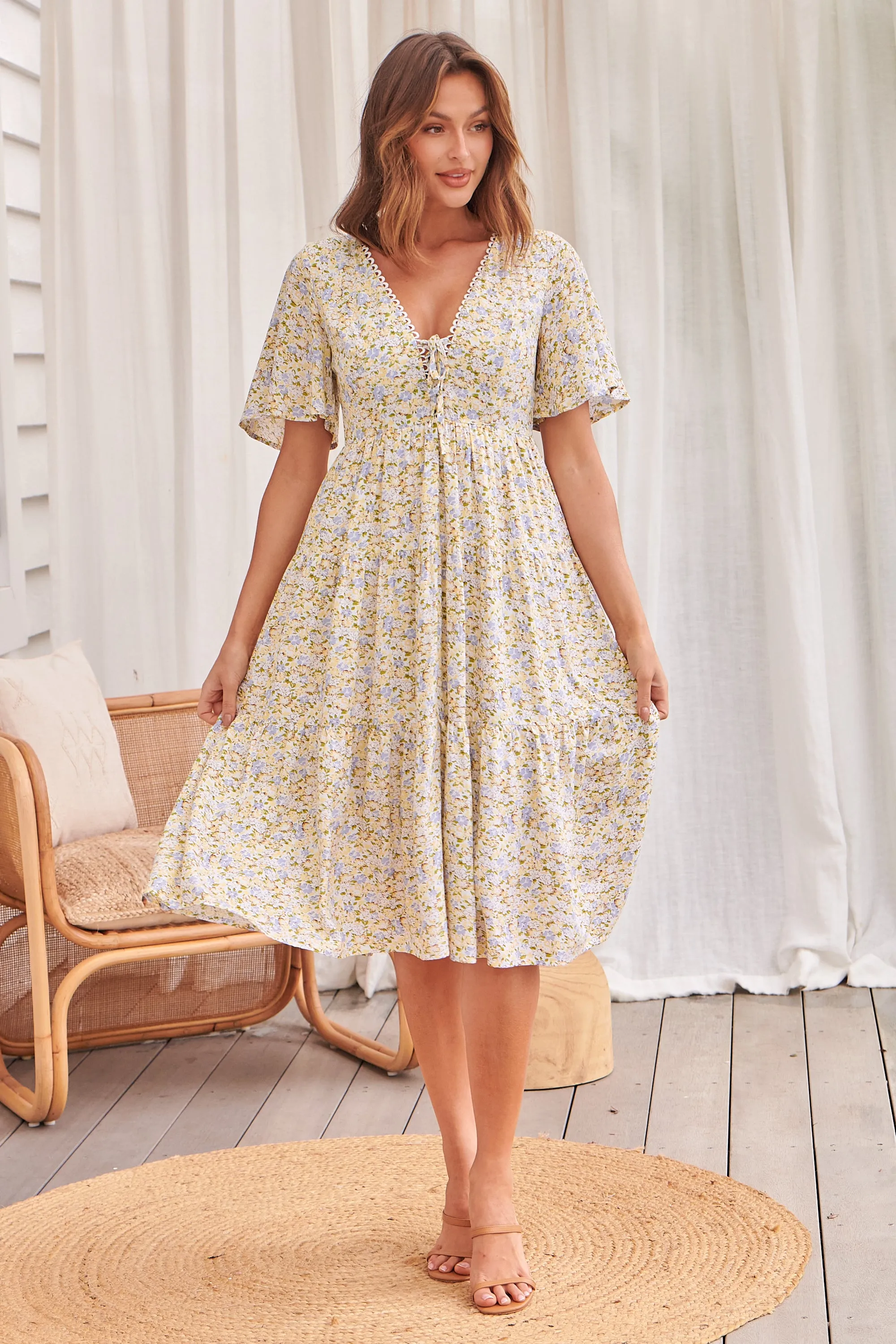 Sunny Floral Print Yellow Tie-Front Dress - Juliana Collection