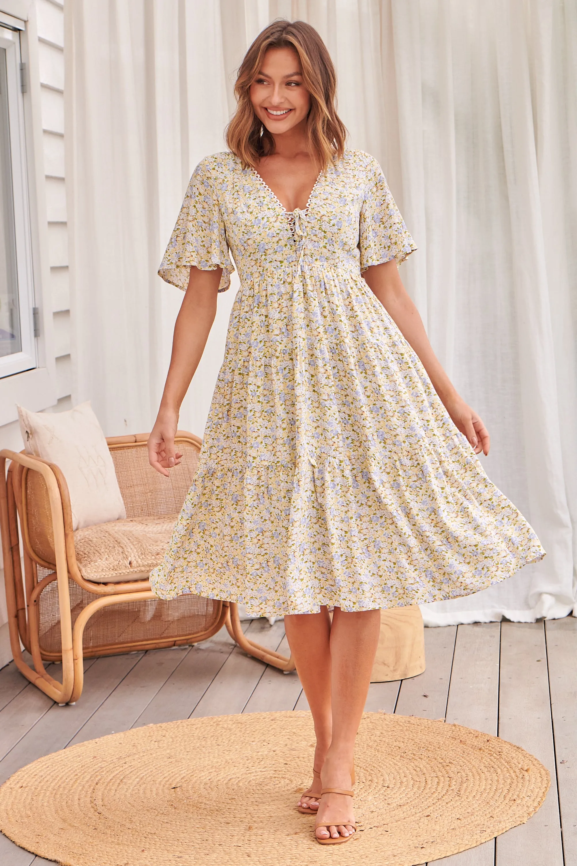 Sunny Floral Print Yellow Tie-Front Dress - Juliana Collection