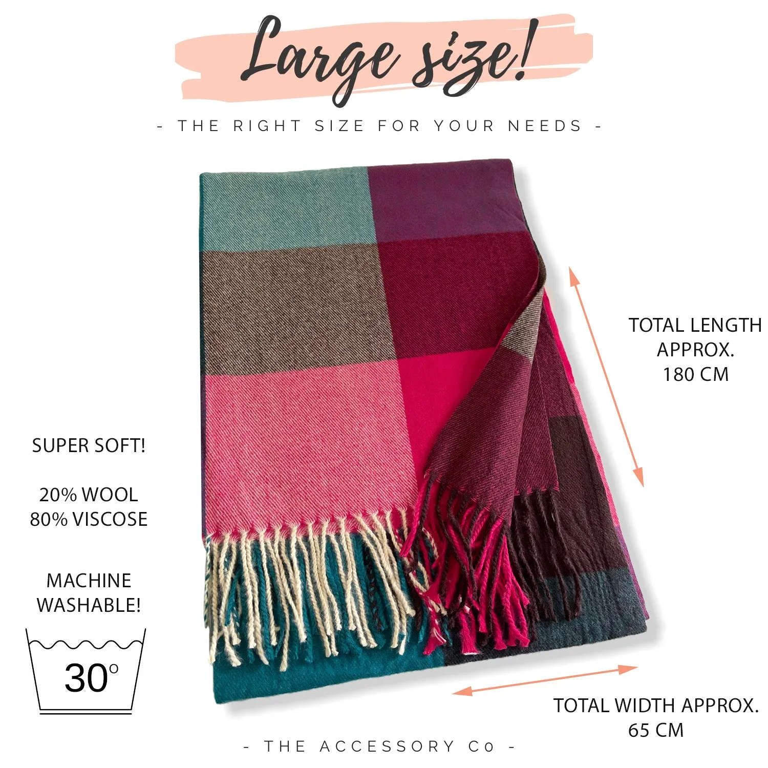 Long Fuchsia Teal Wool Blend Check Plaid Scarf