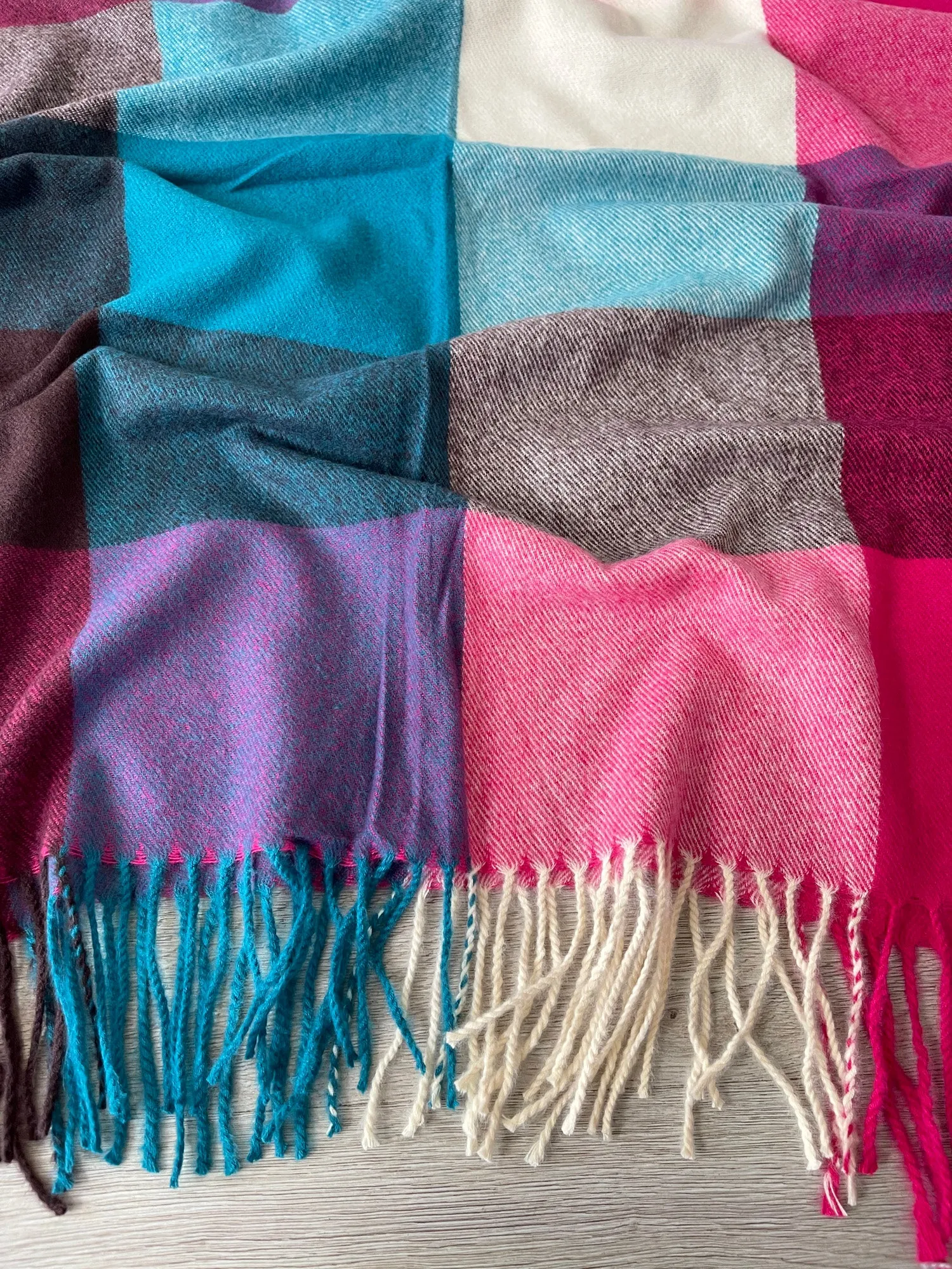 Long Fuchsia Teal Wool Blend Check Plaid Scarf