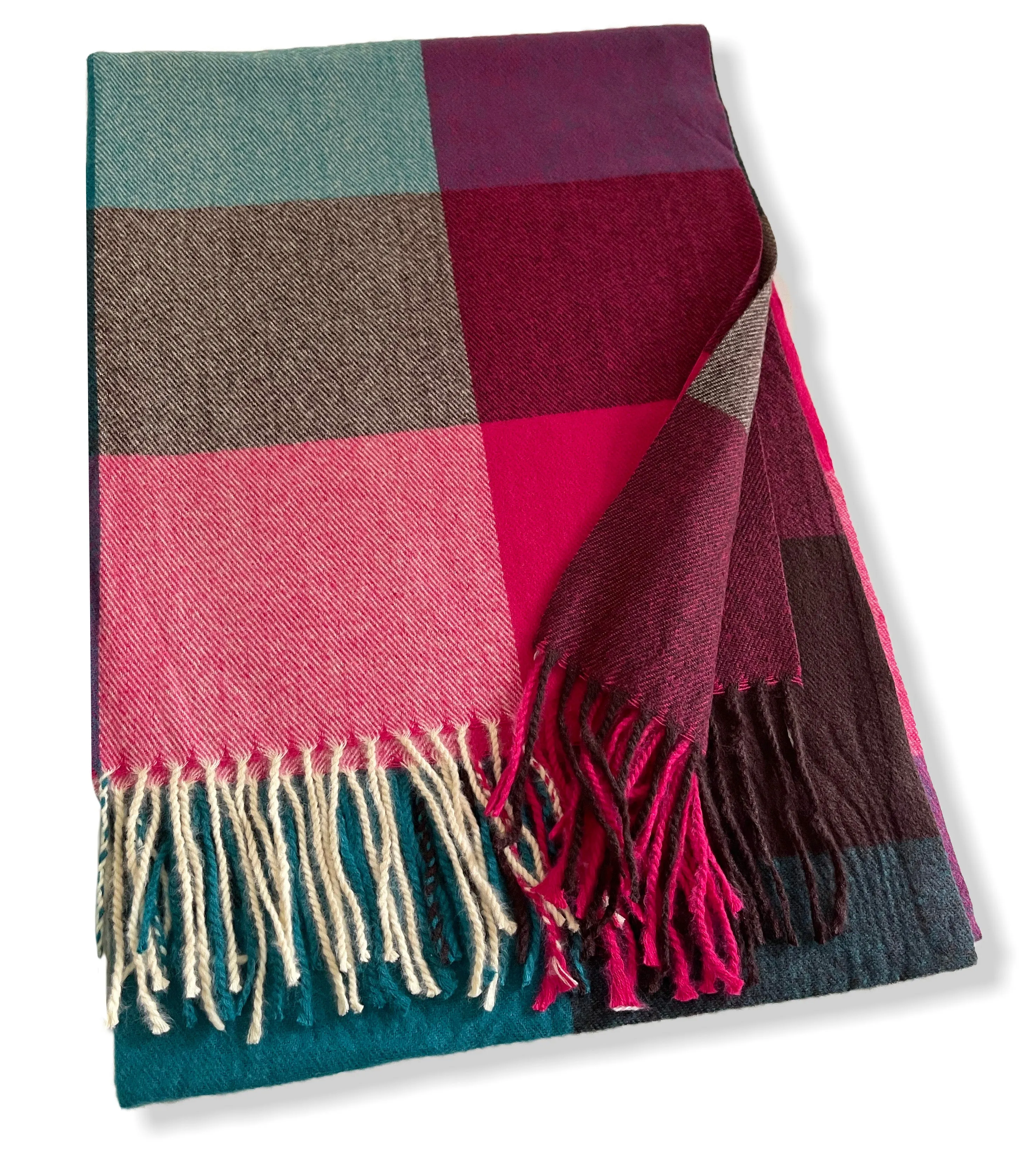 Long Fuchsia Teal Wool Blend Check Plaid Scarf