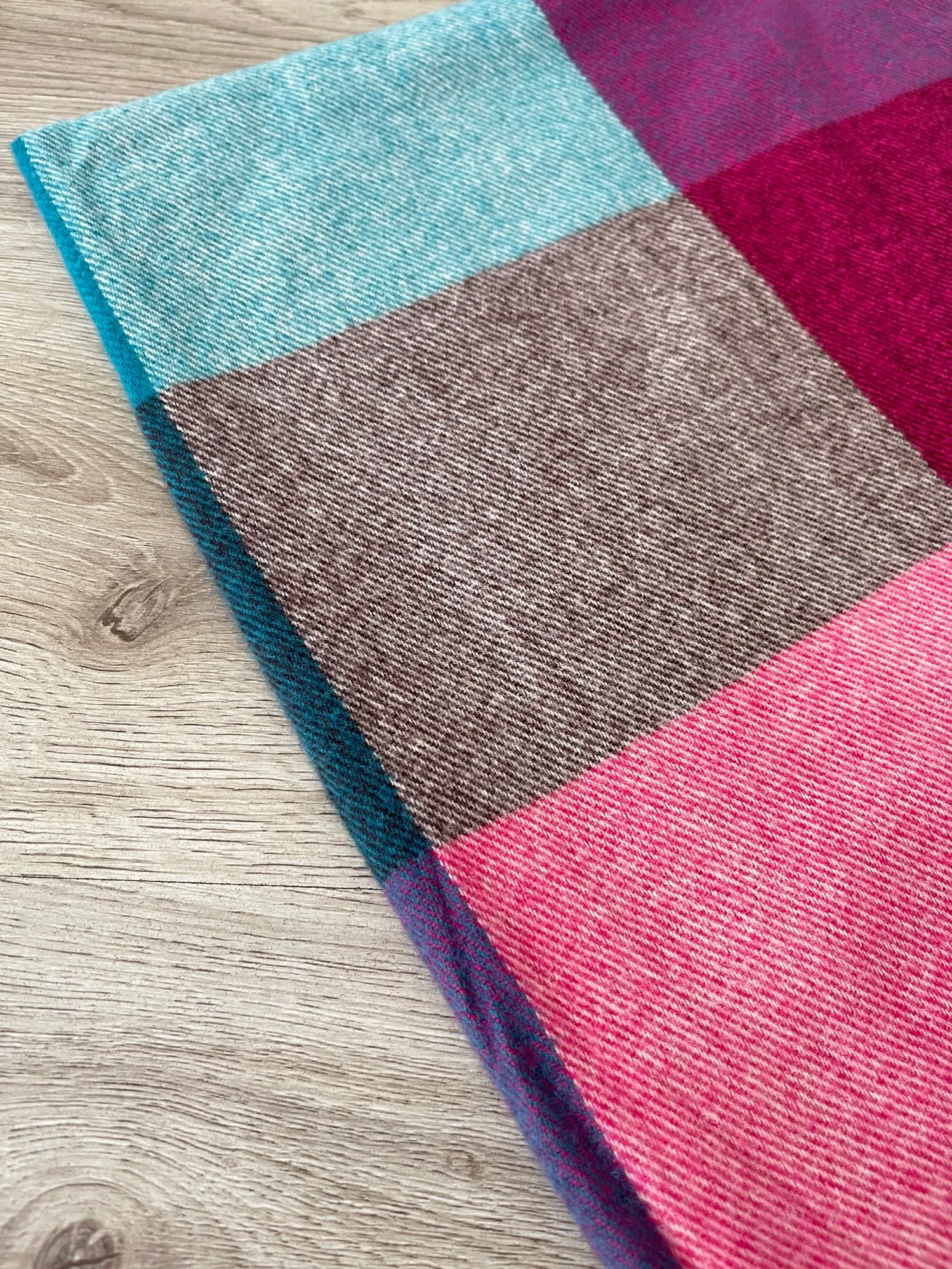Long Fuchsia Teal Wool Blend Check Plaid Scarf