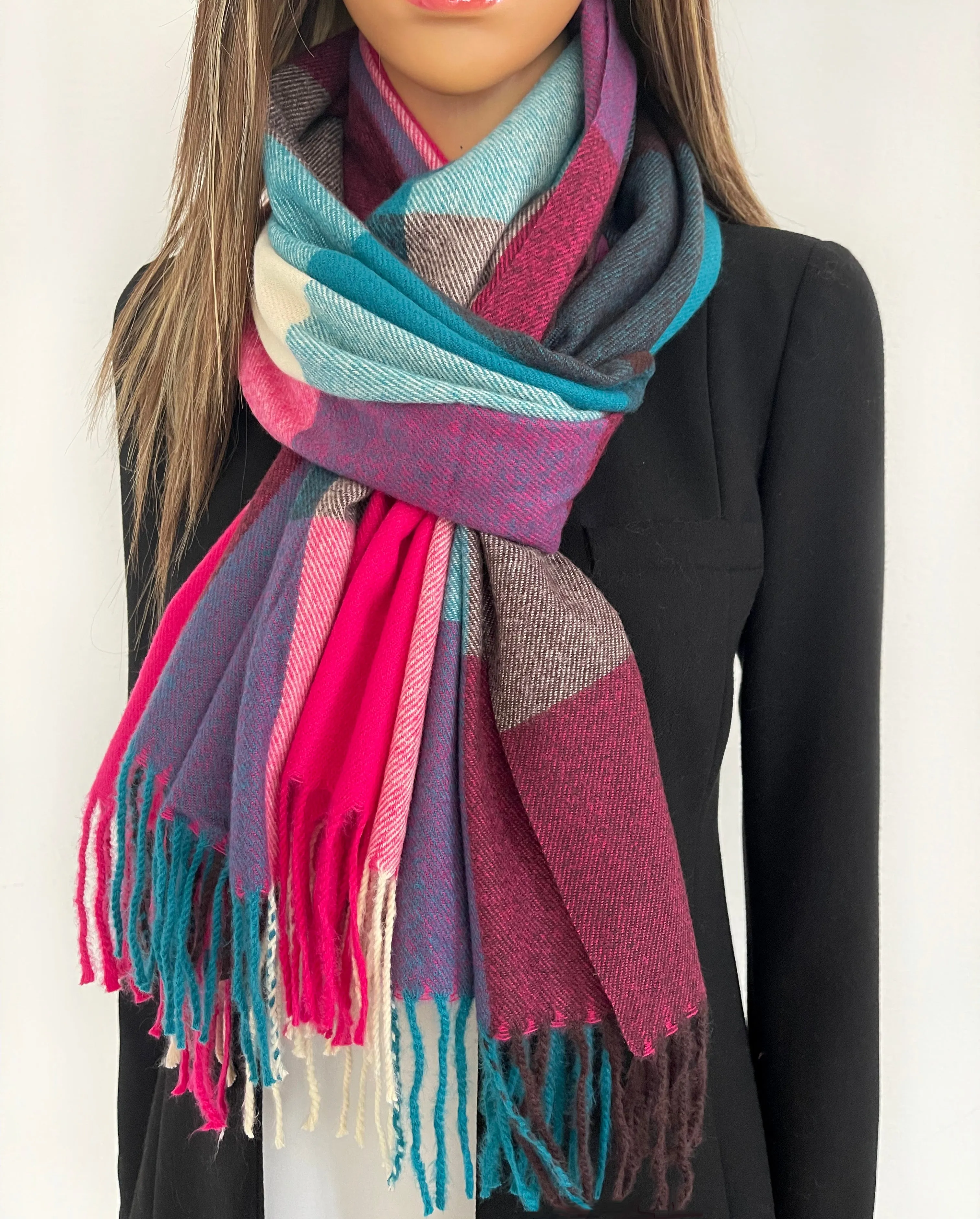 Long Fuchsia Teal Wool Blend Check Plaid Scarf