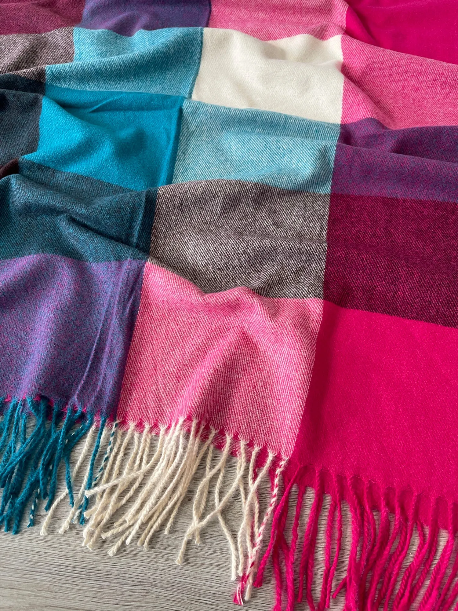 Long Fuchsia Teal Wool Blend Check Plaid Scarf