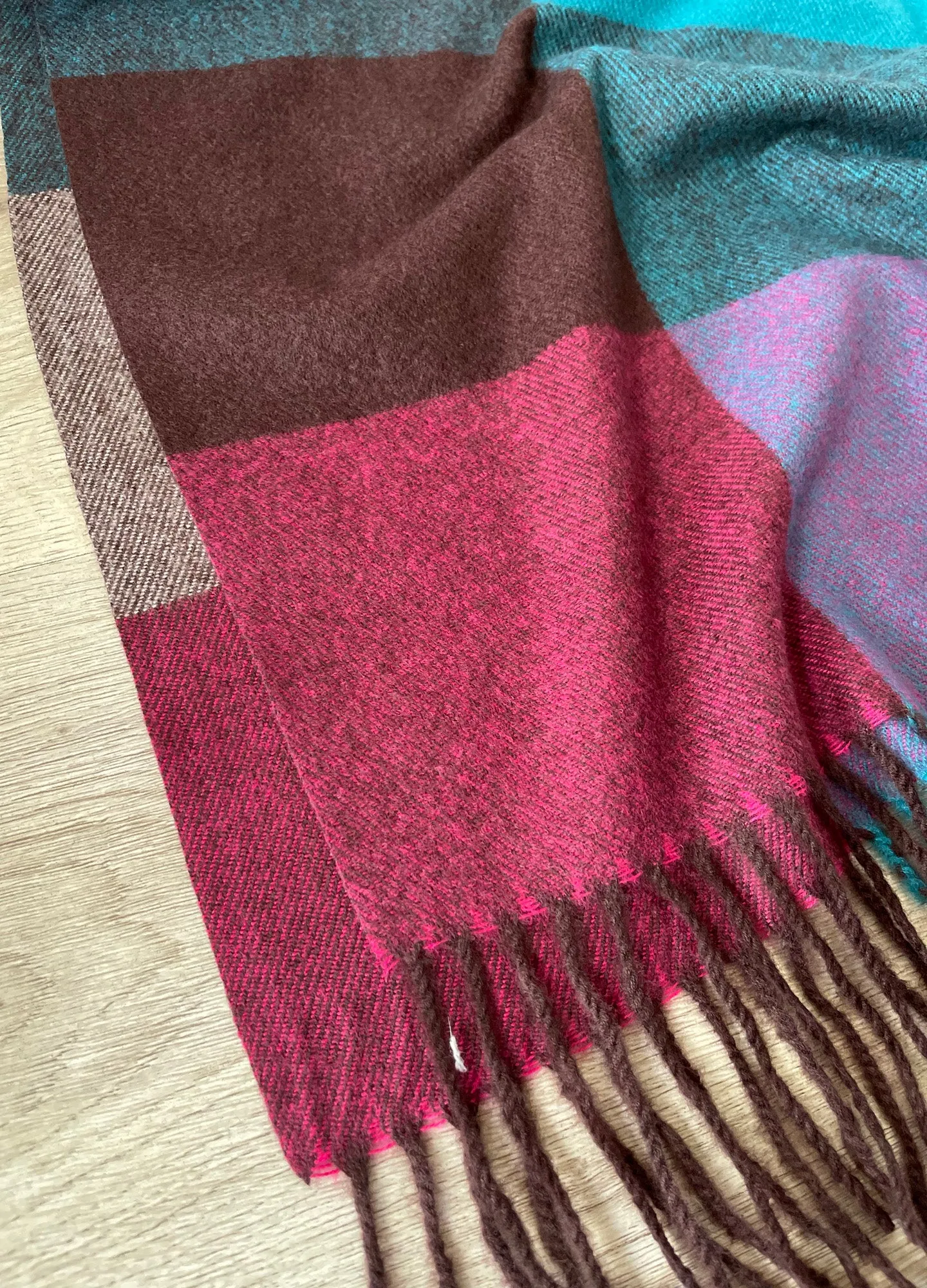Long Fuchsia Teal Wool Blend Check Plaid Scarf