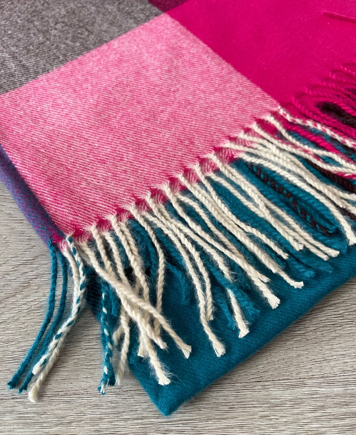 Long Fuchsia Teal Wool Blend Check Plaid Scarf
