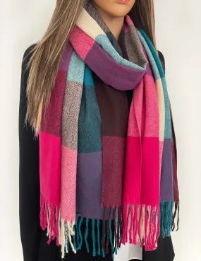 Long Fuchsia Teal Wool Blend Check Plaid Scarf