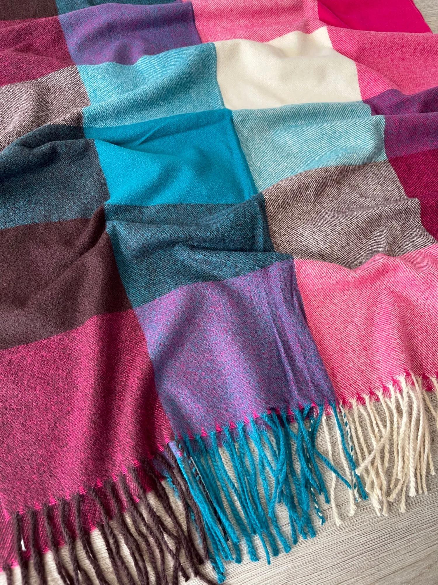 Long Fuchsia Teal Wool Blend Check Plaid Scarf