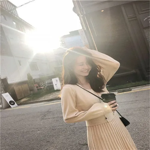 New Autumn And Winter Women Knitted Double-breasted Long sleeve Coat Vest Pleated Dresses Set for Ladies Woman