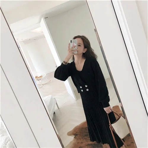 New Autumn And Winter Women Knitted Double-breasted Long sleeve Coat Vest Pleated Dresses Set for Ladies Woman