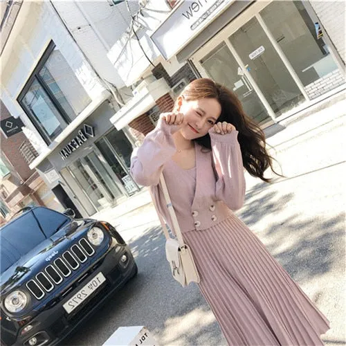 New Autumn And Winter Women Knitted Double-breasted Long sleeve Coat Vest Pleated Dresses Set for Ladies Woman