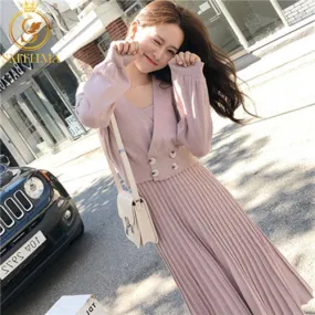 New Autumn And Winter Women Knitted Double-breasted Long sleeve Coat Vest Pleated Dresses Set for Ladies Woman