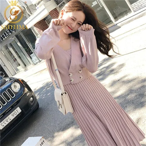New Autumn And Winter Women Knitted Double-breasted Long sleeve Coat Vest Pleated Dresses Set for Ladies Woman
