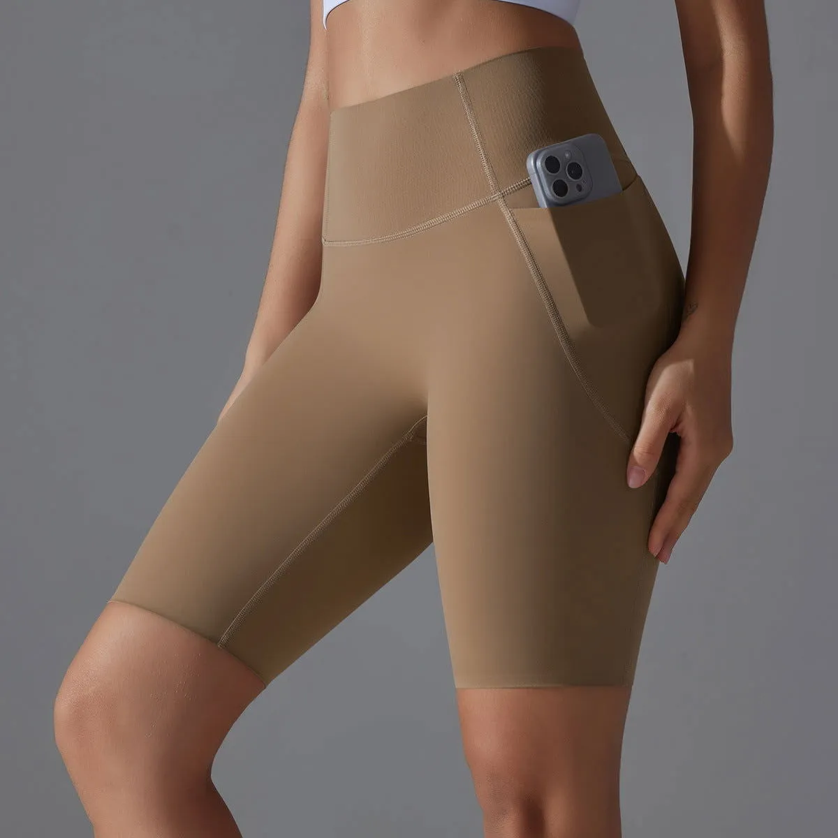 Nude Feel Yoga Pants Seamless Side Pocket Peach High Waist Hip Lift Stretch Fitness Leggings Sports Shorts for Women