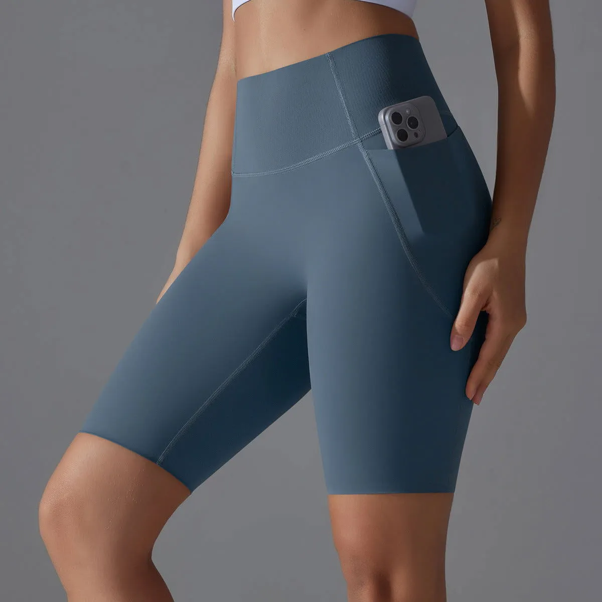 Nude Feel Yoga Pants Seamless Side Pocket Peach High Waist Hip Lift Stretch Fitness Leggings Sports Shorts for Women