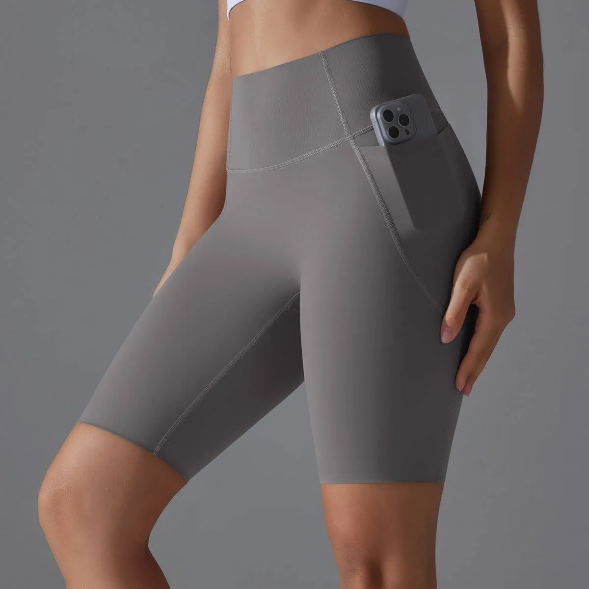 Nude Feel Yoga Pants Seamless Side Pocket Peach High Waist Hip Lift Stretch Fitness Leggings Sports Shorts for Women